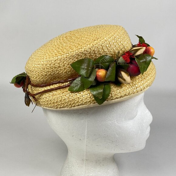 Vintage Ladies Straw Boater Hat Millinery Faux Fruit Greenery Band Cottagecore